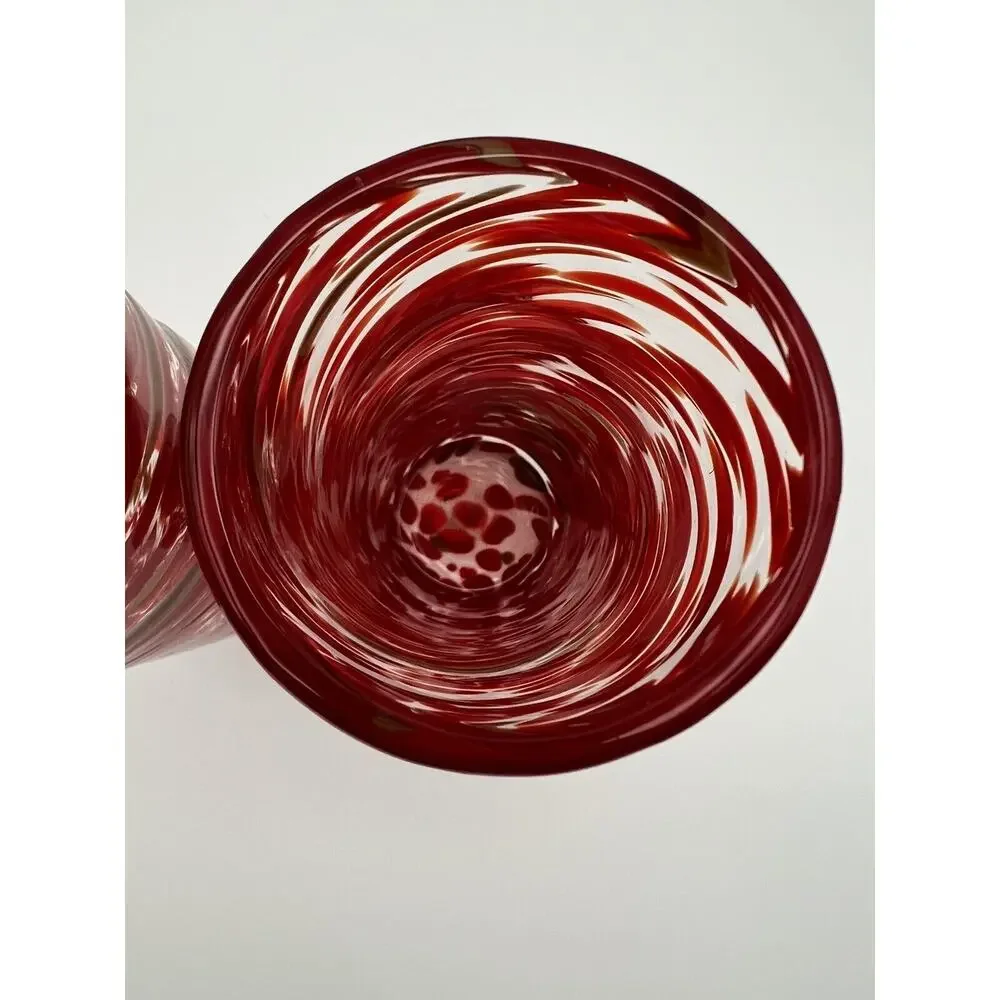 Hand Blown 7” Art Glass Drinking Glasses Vase Red & Gold Confetti Ribbon Swirl